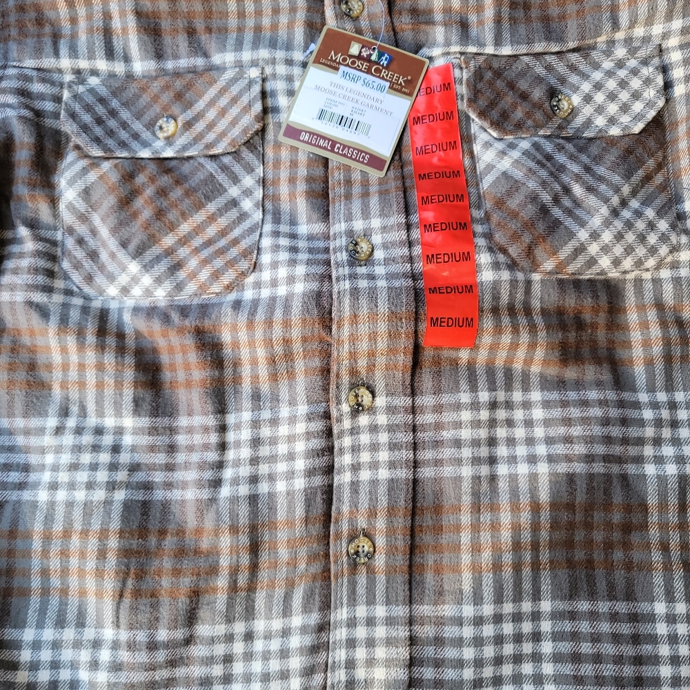Moose Creek Lined Flannel Jacket w/ Hoodie. Khaki. Full zip closure with buttons